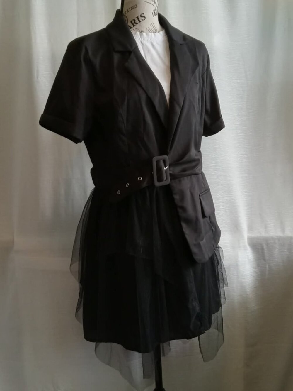 Black dress-like jacket with short sleeves, belt and tulle skirt Unique style